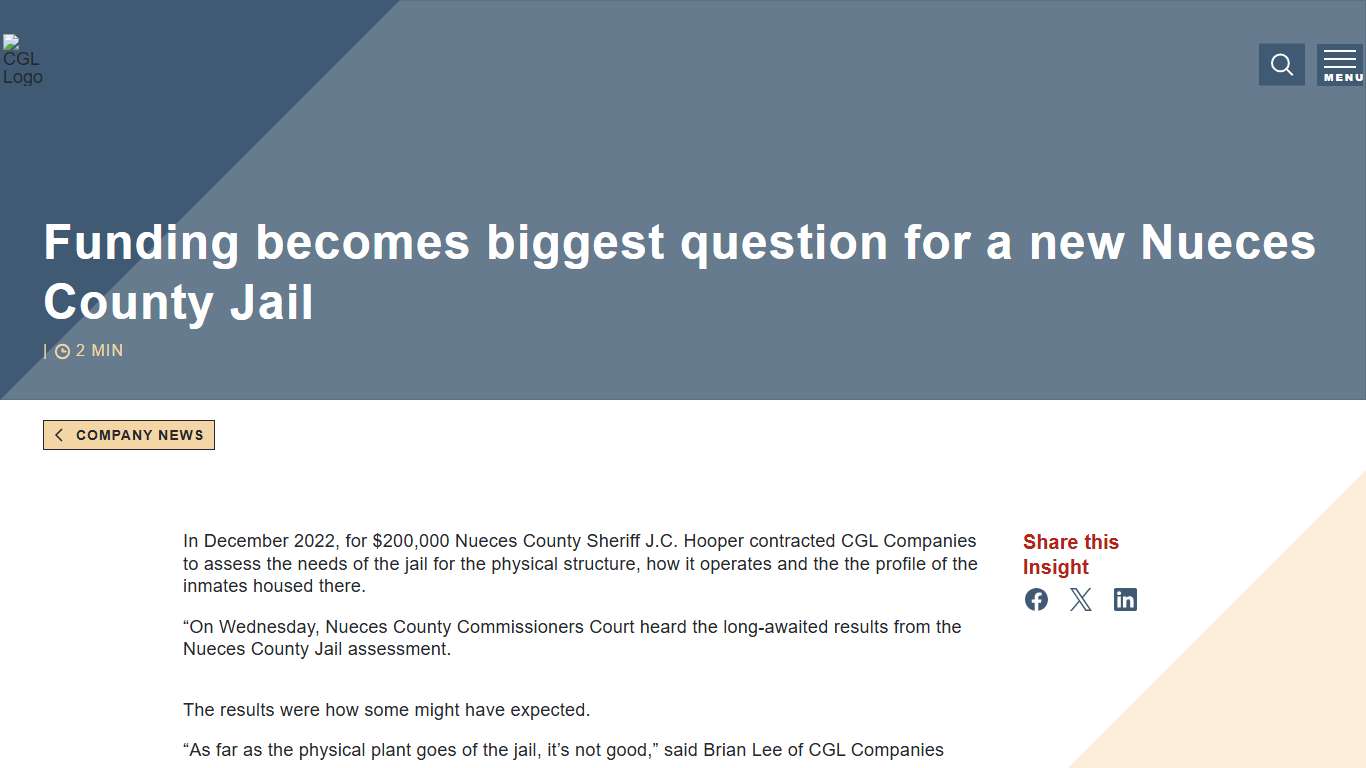 Funding becomes biggest question for a new Nueces County Jail - CGL Companies